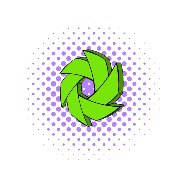 Green camera aperture icon in comics style on a white background