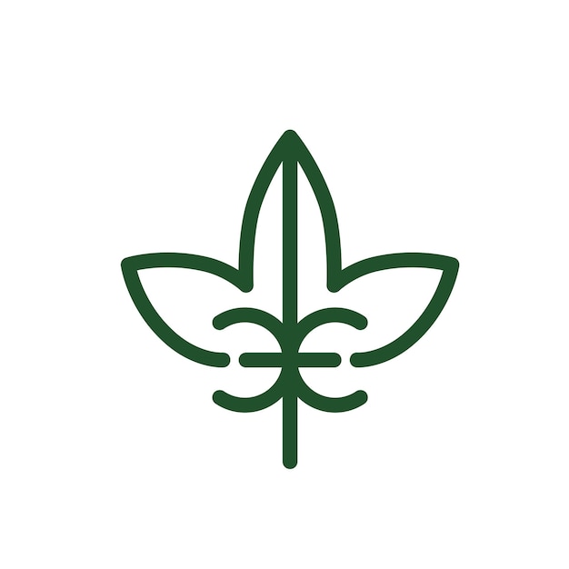 Вектор Дизайн логотипа зеленого листа конопли с буквой e в центре