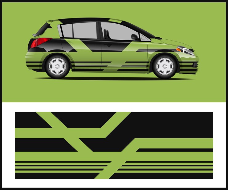 A green car with black stripes and a black stripe.