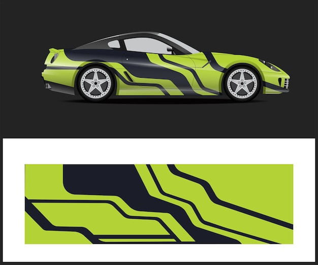 A green car with a black and yellow design.