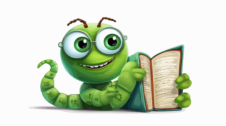 Vector green cartoon caterpillar worm bookworm wearing glasses