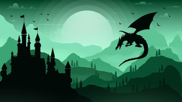 Vector a green castle with a dragon flying over the mountains vector wallpaper illustrator