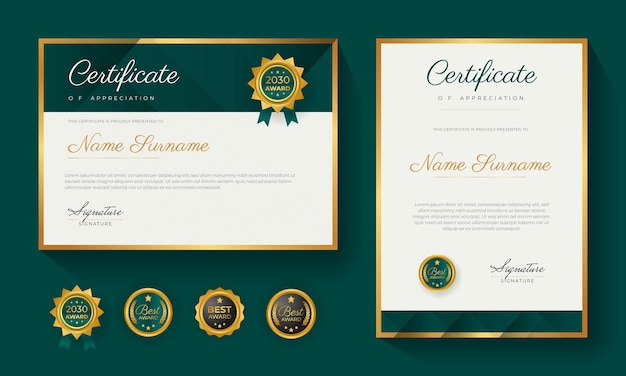 Green certificate of achievement template with gold badge