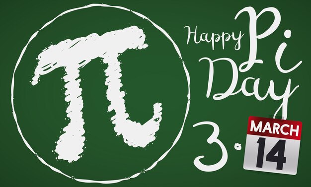 Vector green chalkboard with pi drawing and a looseleaf calendar with reminder date for pi day celebration