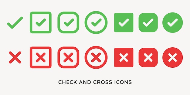 Green check and red cross icons in various styles Check and cross symbols for approval and rejection Simple check and cross icons for interface design Vector element set