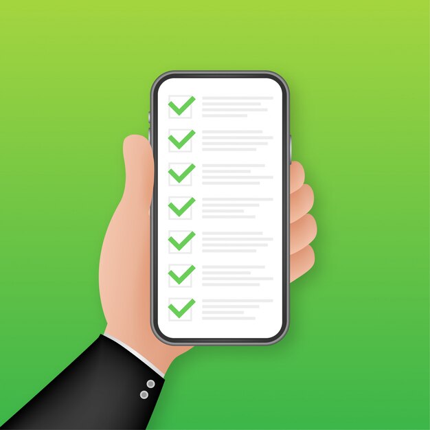 Green check list smartphone. Survey  illustration. Green tick.  check list smartphone for  . Customer service.