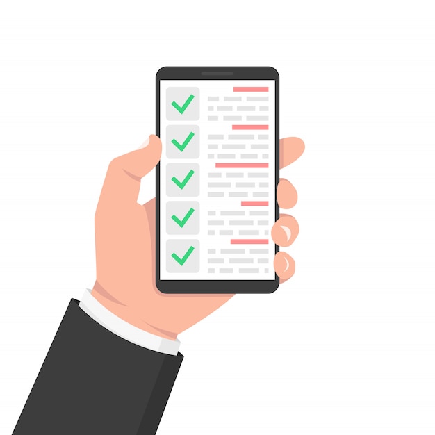 Green check list smartphone. Survey vector illustration. Green tick. Flat check list smartphone for web design. Customer service