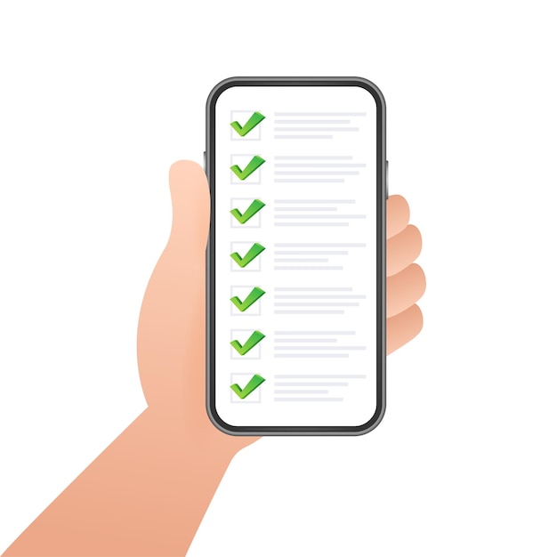 Green check list smartphone Survey vector illustration Green tick Flat check list smartphone