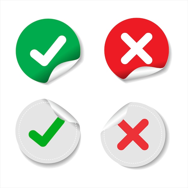 Vector green check mark icon and red cross mark simple dark icons