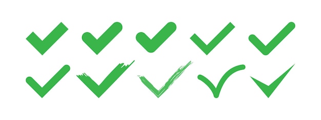 Green check mark icons in different styles. Vector collection of confirm signs