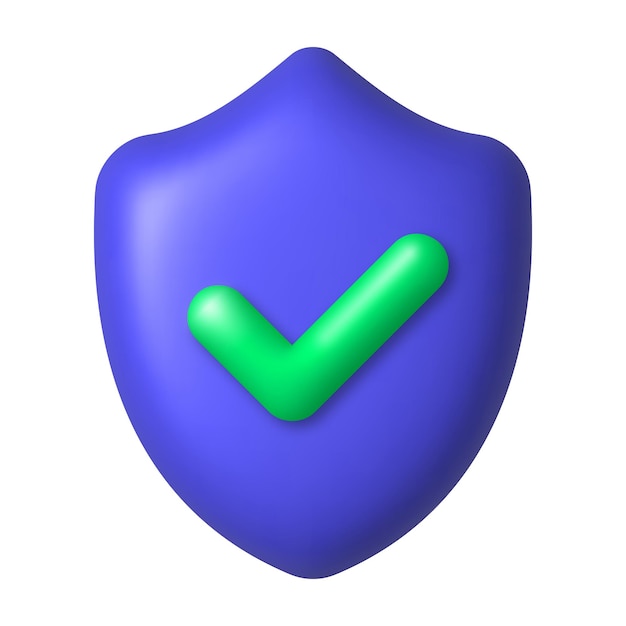 Green check mark on purple shield. Security, protection concept 3d realistic vector design element