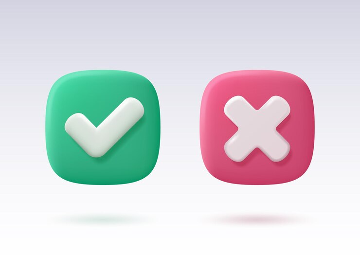 Vector green check mark and red cross isolated on light background vector 3d illustration