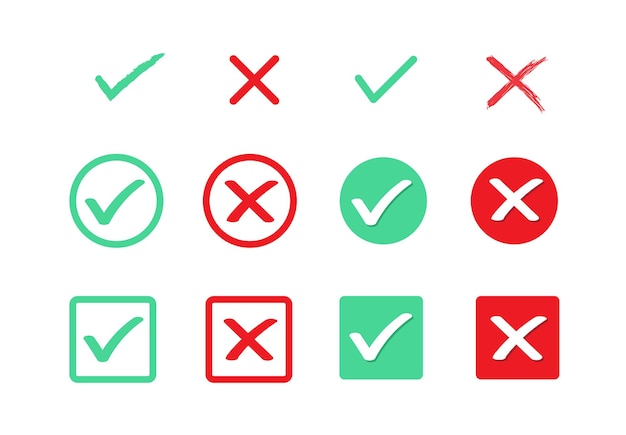 Vector green check mark and red cross true and false flat icons