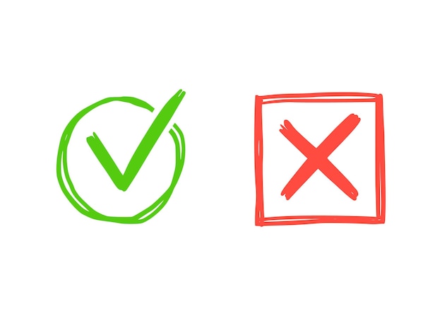 Green check and red cross mark. Hand drawn doodle sketch style. Vote, yes, no drawn concept. Checkbox, cross mark with square, circle element. Vector illustration.