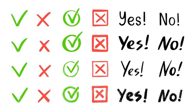 Vector green check and red cross mark set. hand drawn doodle sketch style. vote, yes, no drawn concept. checkbox, cross mark with square, circle element. vector illustration.