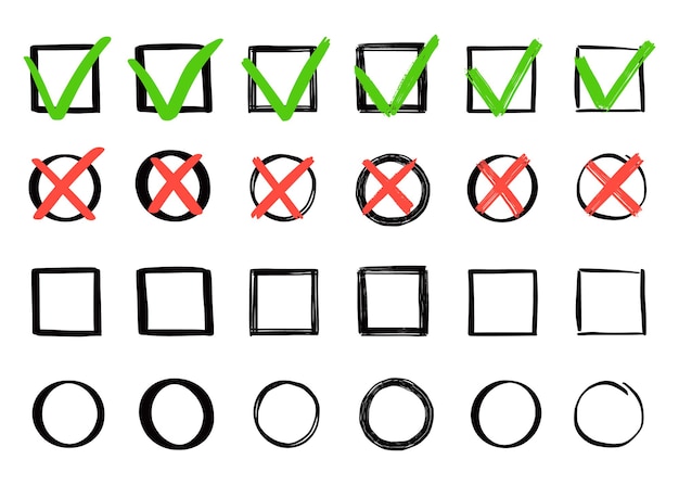 Set di controllo verde e croce rossa. stile di schizzo doodle disegnato a mano. vota, sì, nessun concetto disegnato. casella di controllo, segno di croce con elemento quadrato, cerchio. illustrazione vettoriale.