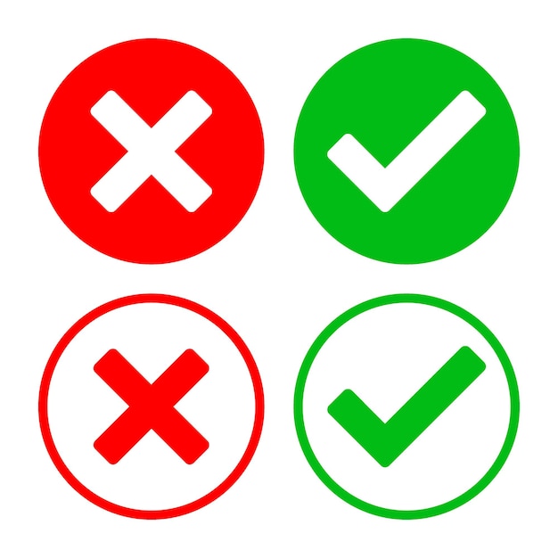 Зеленая галочка и красный x круглые векторные иконки на белом фоне