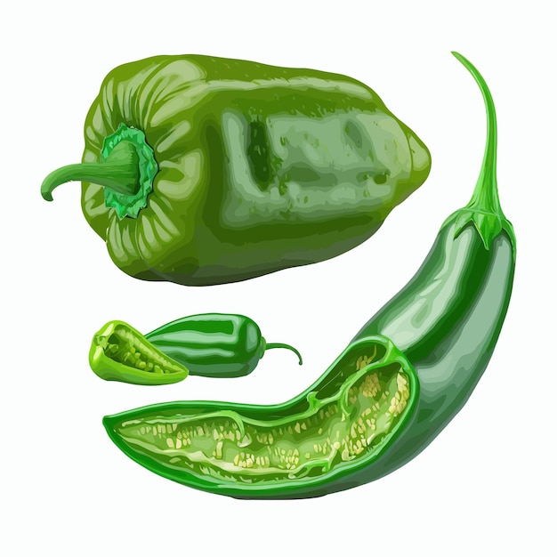 Peperoncino verde png set 3d realistico caienna calda isolato su sfondo trasparente isolato su sfondo cartoon illustrazione vettoriale