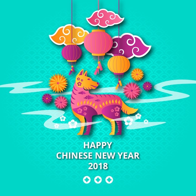 Green chinese new year 2018 year of dog paper art banner and card design template