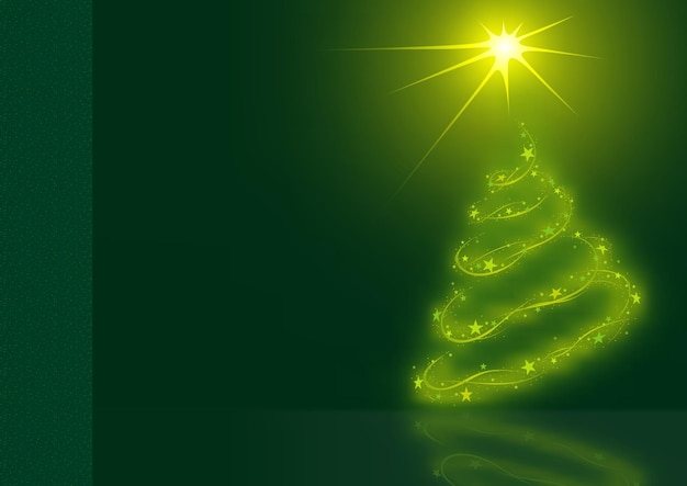 Green christmas background with magical christmas tree formed from stars and light effects