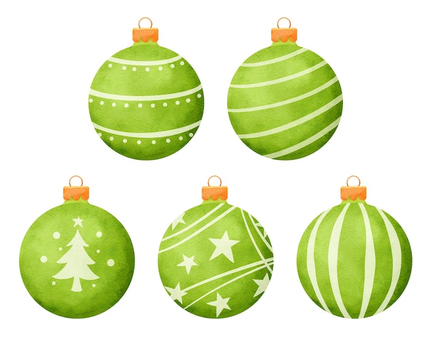 緑のクリスマスボールの水彩風の装飾は、白い背景で隔離。