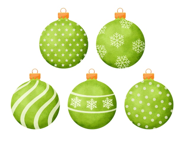 Green christmas balls watercolor style decoration isolated on white background.