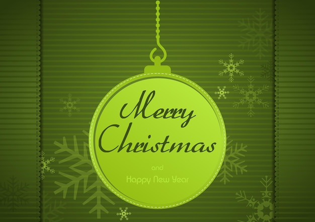 Green Christmas Greeting Card with Christmas Ball and Snowflakes on a Green Striped Background