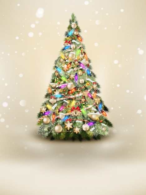 Green christmas tree on beige background.