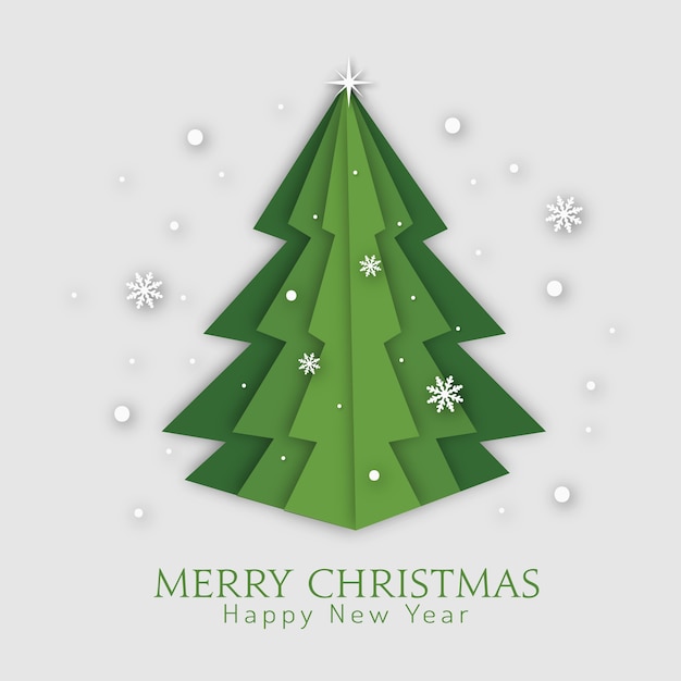 Green christmas tree paper art style. merry christmas and happy new year greeting card.