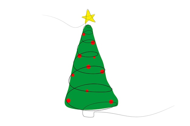 Green Christmas tree with red balls one line drawing vector illustration