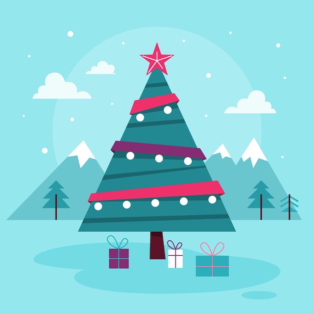 green christmas tree with red star and lights on it. new year holiday decoration. presents under the tree, festive atmosphere. christmas   illustration