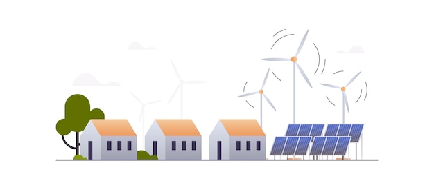民家や太陽エネルギー パネル、風車、エコタウンの再生可能エネルギーを備えた緑豊かな都心。