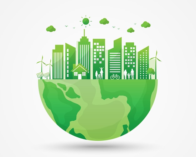 Vector green city ecology and energy on earth world earth day and sustainable development green city