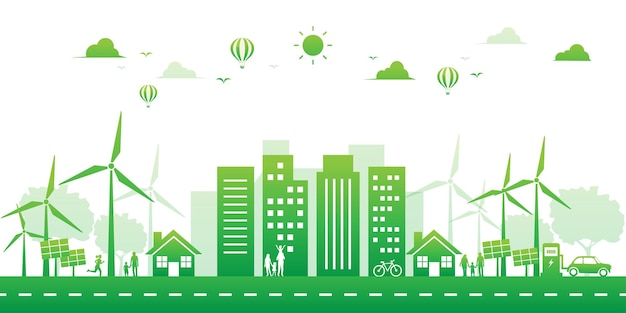 Vector green city ecology environment and renewable energy on white background lanscape sustainable