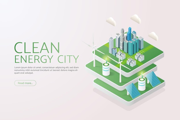 Green city generates electricity with solar panels Solar energy and wind turbines Clean energy