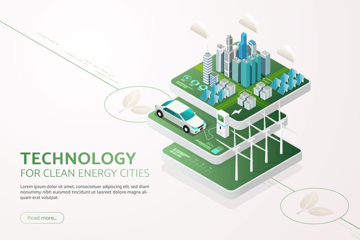 Vector green city generates electricity with solar panels and wind turbines clean energy ev car charge batt