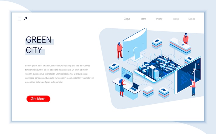 Vector green city isometric landing page template.