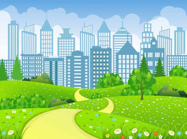 Vector green city landscape with road