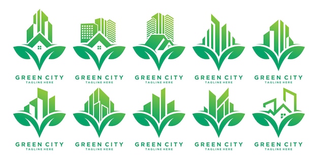 Green city logo design with nature unique concept premium vector