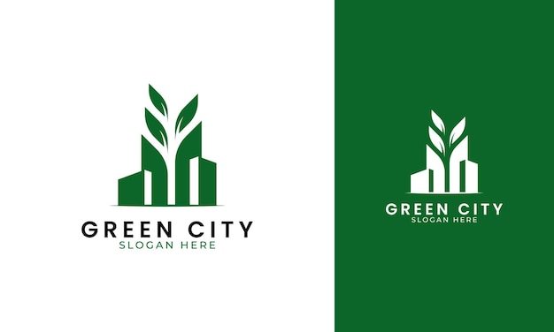 Логотип зеленого города с концепцией здания и листа