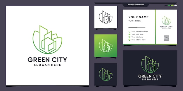 Green city logo with unique line art style and business card design premium vector