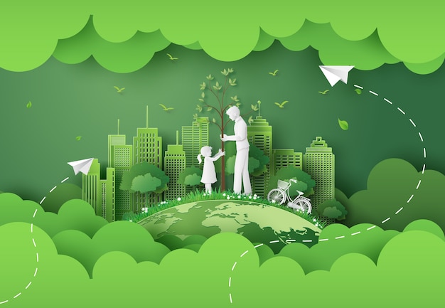 Green city with mom and girl .paper cut and digital craft style.