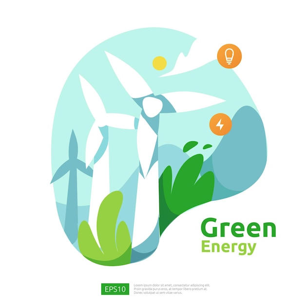 Green clean energy sources with renewable electric sun solar panel and wind turbines. environmental concept for web landing page template, banner, presentation, social, and print media