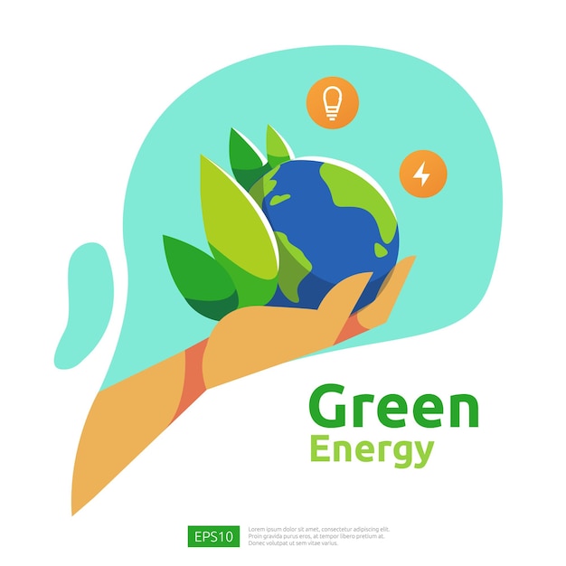 재생 가능한 전기 태양 전지판과 풍력 터빈을 갖춘 녹색 청정 에너지원. 웹 방문 페이지 템플릿, 배너, 프레젠테이션, 소셜 및 인쇄 매체에 대한 환경 개념