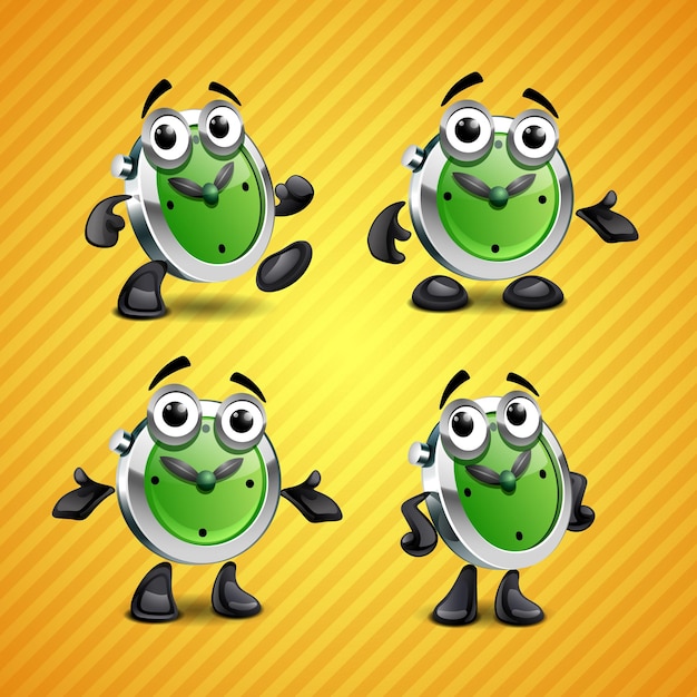 green clock mascot icon set