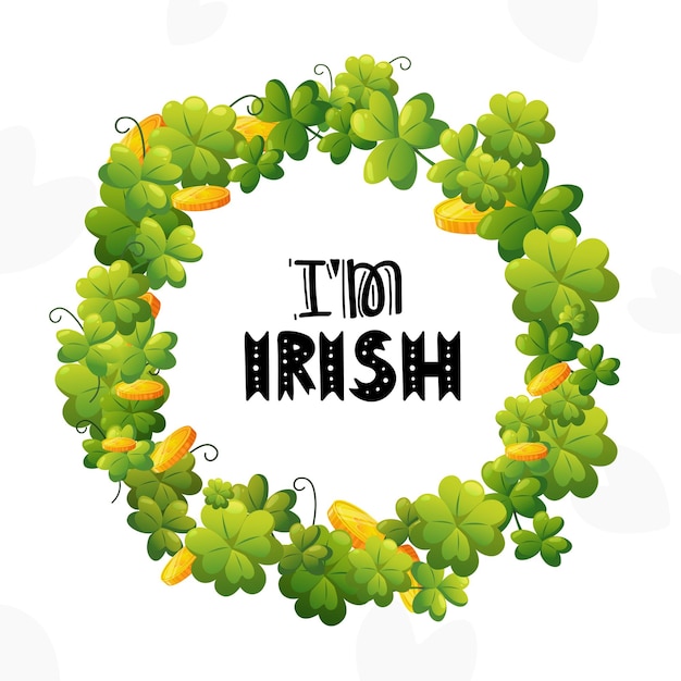 Green clover and golden coins frame wreath with Irish letteting