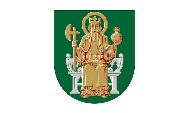 A green coat of arms with a statue of a king and a crown.