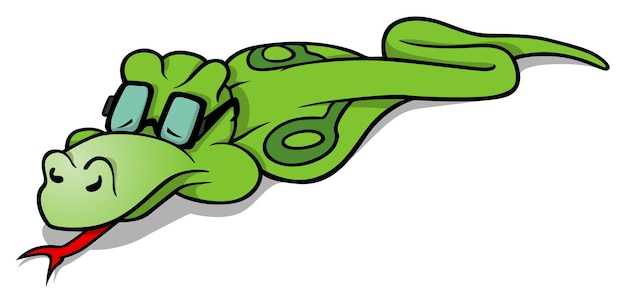 Зеленая кобра спит на земле с высунутым языком как иллюстрация к мультфильму