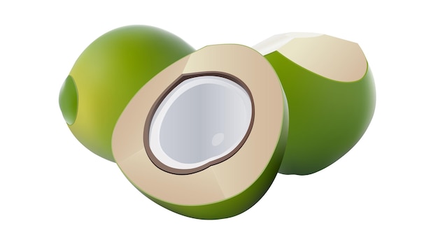 Зеленый кокосовый орех и полкусочек кокосового ореха, выделенный на белом фоне.