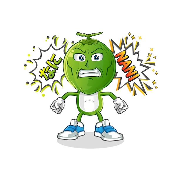 Green coconut head cartoon anime angry vector cartoon character